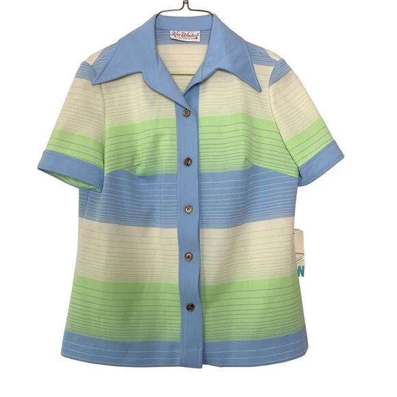 NWT Dead stock Kay Windsor yellow green blue stripe button front shirt LARGE - Picture 1 of 10